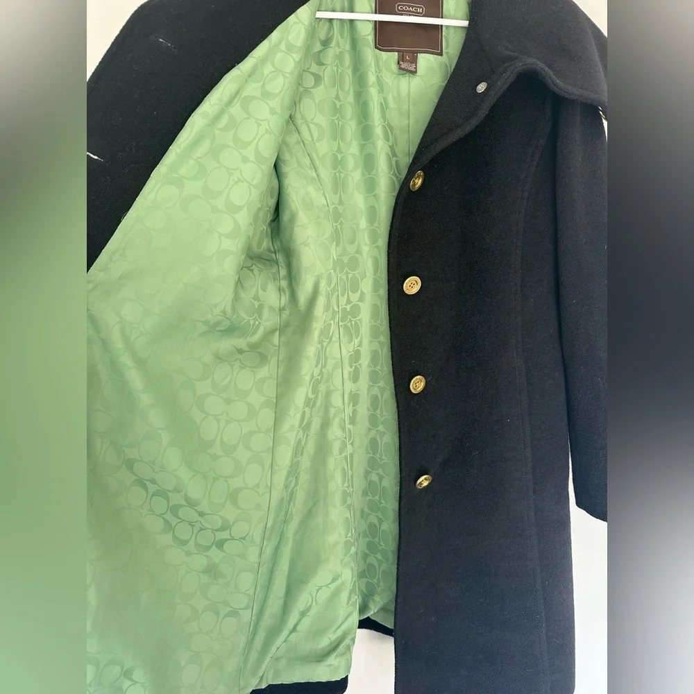 Coach Black Mohair Wool-Blend Belted Coat with Green Lining, Large. Gorgeous!
